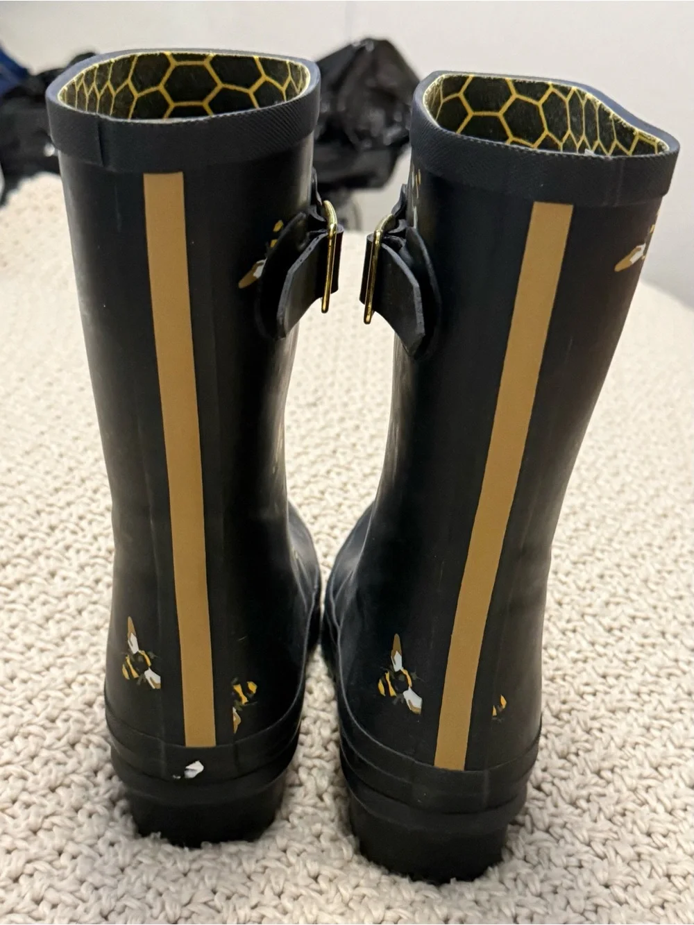 Joules Black Rain Boots with Yellow Bee Print - Size 6